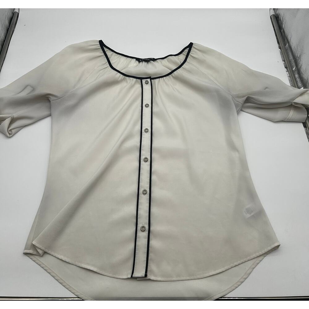 Express Sheer Blouse Women’s Small White Button Front 3/4 Sleeve Black Trim Top